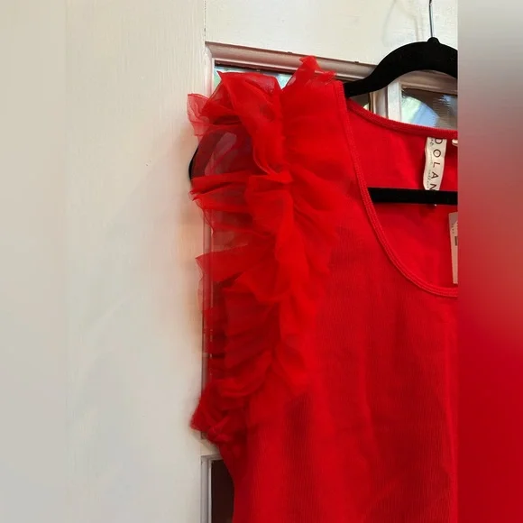 Anthropologie DOLAN Left Coast Tulle Sleeve Tank Top Blouse Red Chic Size XL - Picture 4 of 11
